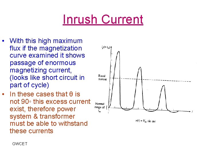Inrush Current • With this high maximum flux if the magnetization curve examined it