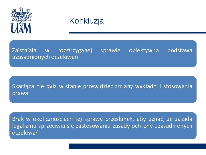 Konkluzja Zaistniała w rozstrzyganej uzasadnionych oczekiwań sprawie obiektywna podstawa Skarżąca nie była w stanie