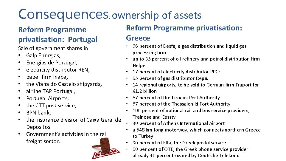 Consequences: ownership of assets Reform Programme privatisation: Portugal Sale of government shares in •