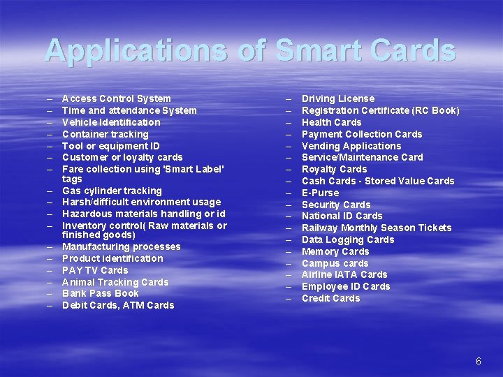 Applications of Smart Cards – – – – – Access Control System Time and