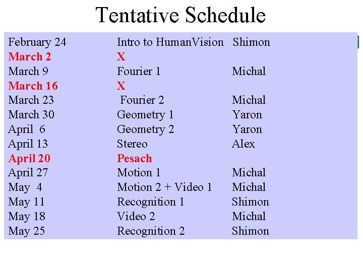 Tentative Schedule Lesson 124 (Shimon): to Human Vision February Intro to. Intro Human. Vision