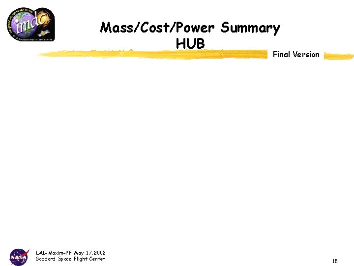 Mass/Cost/Power Summary HUB Final Version LAI-Maxim-PF May 17. 2002 Goddard Space Flight Center 15