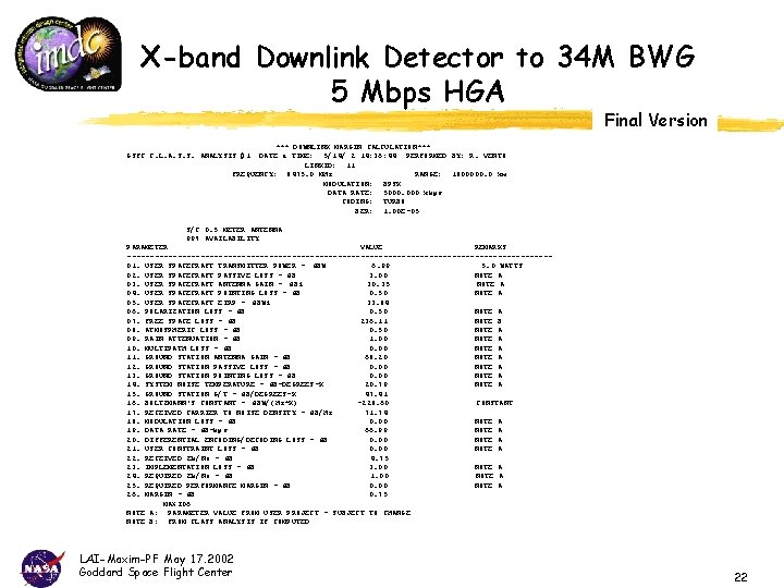 X-band Downlink Detector to 34 M BWG 5 Mbps HGA Final Version *** DOWNLINK