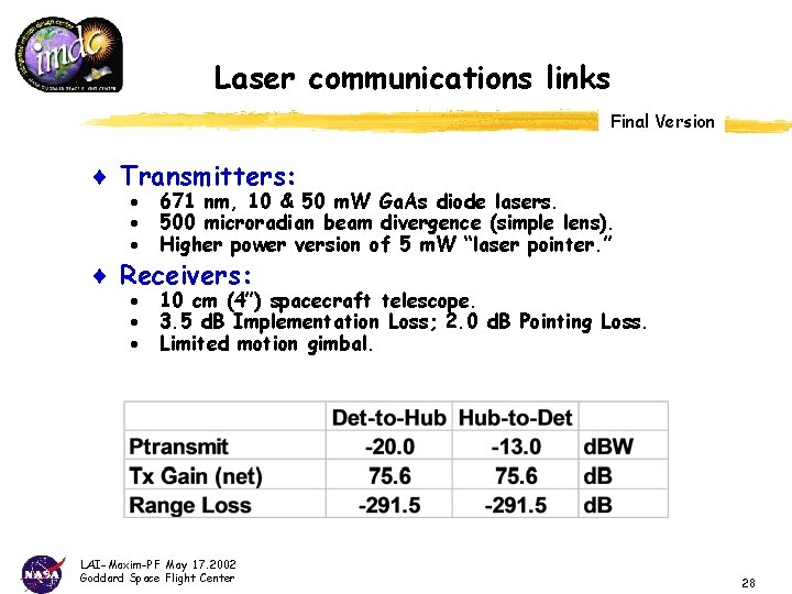 Laser communications links Final Version ¨ Transmitters: · · · 671 nm, 10 &