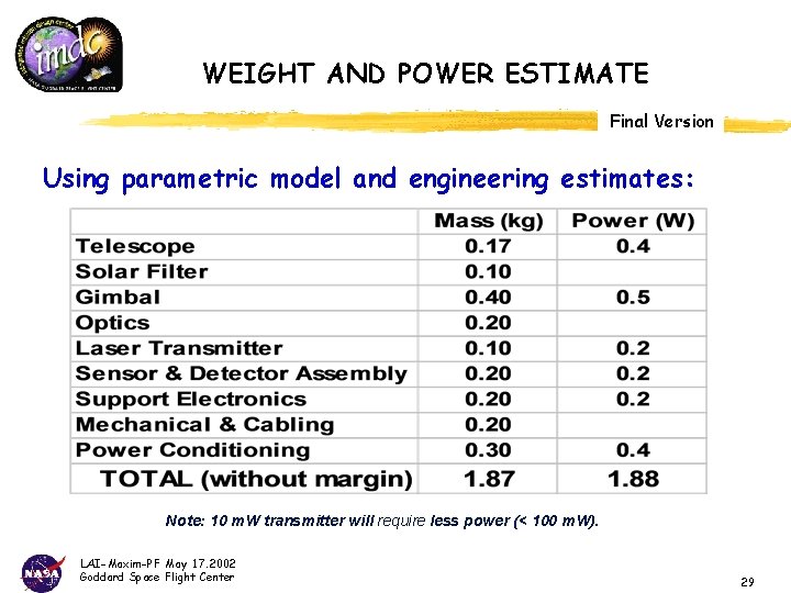 WEIGHT AND POWER ESTIMATE Final Version Using parametric model and engineering estimates: Note: 10