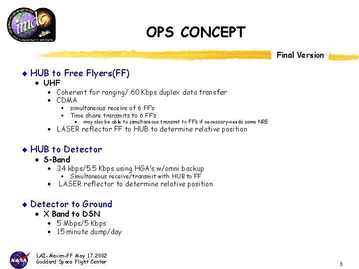 OPS CONCEPT Final Version ¨ HUB to Free Flyers(FF) · UHF · Coherent for
