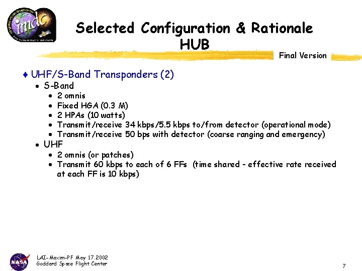 Selected Configuration & Rationale HUB Final Version ¨ UHF/S-Band Transponders (2) · S-Band ·