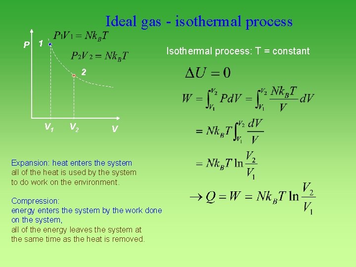 Ideal gas - isothermal process P 1 Isothermal process: T = constant 2 V