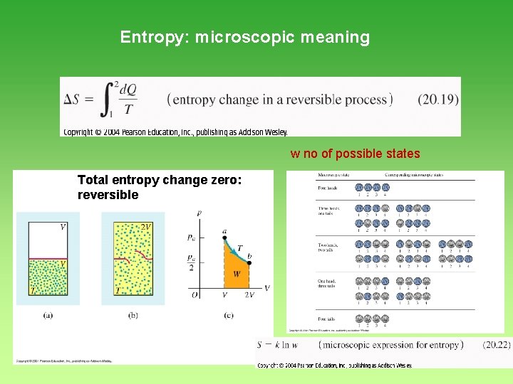 Entropy: microscopic meaning w no of possible states Total entropy change zero: reversible 