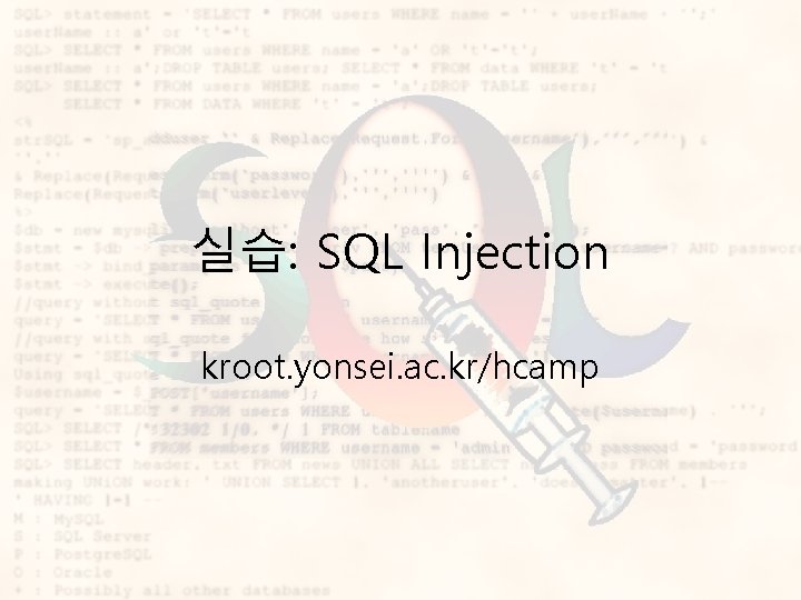 실습: SQL Injection kroot. yonsei. ac. kr/hcamp 