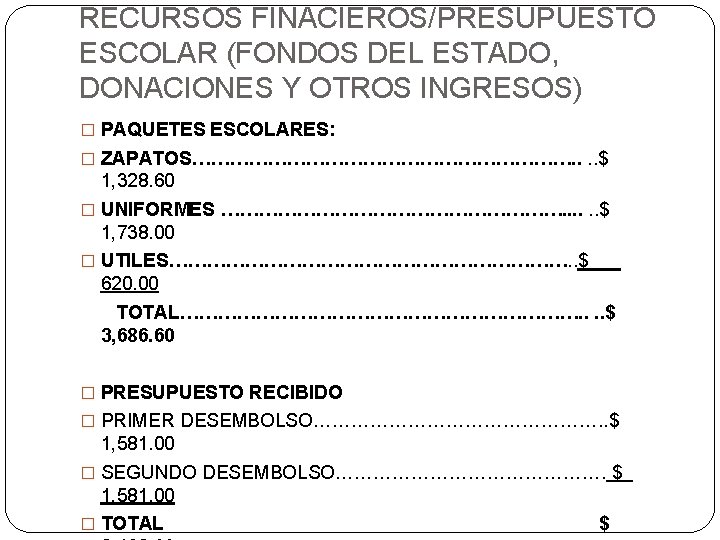 RECURSOS FINACIEROS/PRESUPUESTO ESCOLAR (FONDOS DEL ESTADO, DONACIONES Y OTROS INGRESOS) � PAQUETES ESCOLARES: �