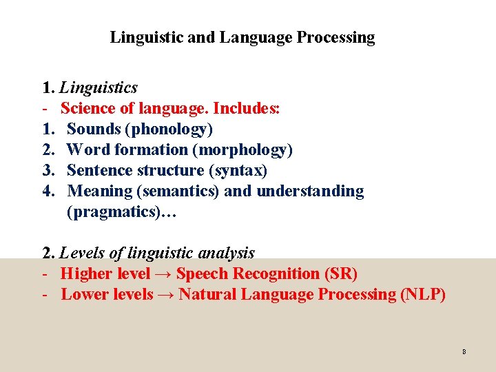 Linguistic and Language Processing 1. Linguistics - Science of language. Includes: 1. Sounds (phonology)
