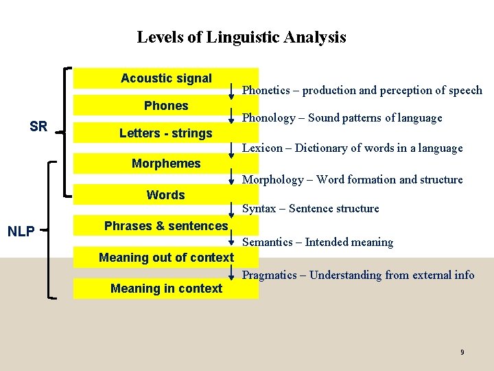 Levels of Linguistic Analysis Acoustic signal Phones SR Phonetics – production and perception of