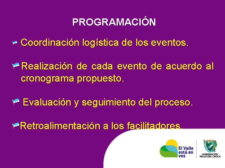 PROGRAMACIÓN Coordinación logística de los eventos. Realización de cada evento de acuerdo al cronograma