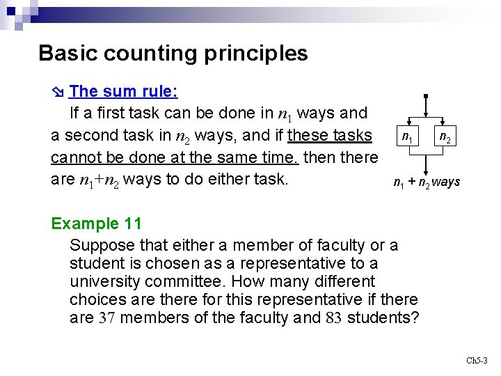 Basic counting principles The sum rule: If a first task can be done in