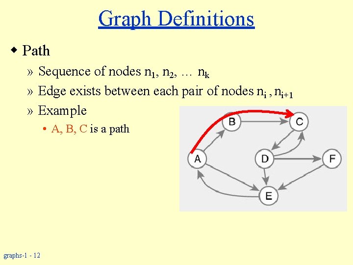 Graph Definitions w Path » Sequence of nodes n 1, n 2, … nk