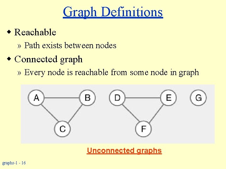 Graph Definitions w Reachable » Path exists between nodes w Connected graph » Every