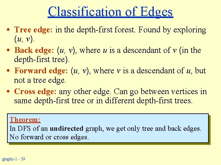 Classification of Edges w Tree edge: in the depth-first forest. Found by exploring (u,