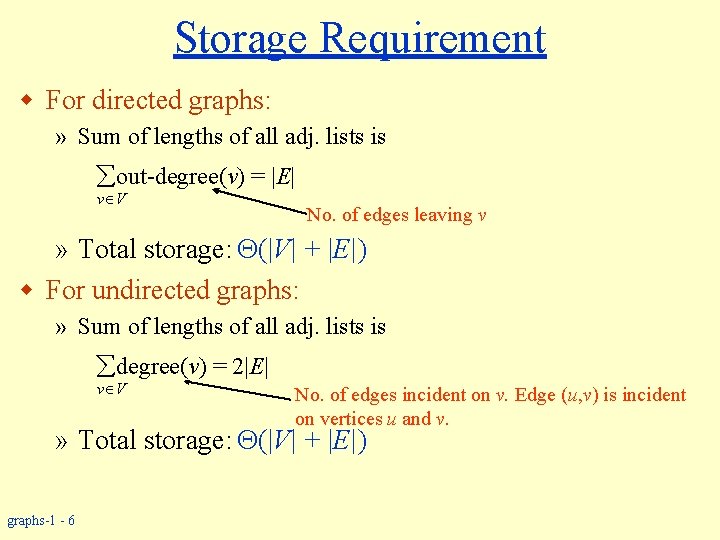 Storage Requirement w For directed graphs: » Sum of lengths of all adj. lists