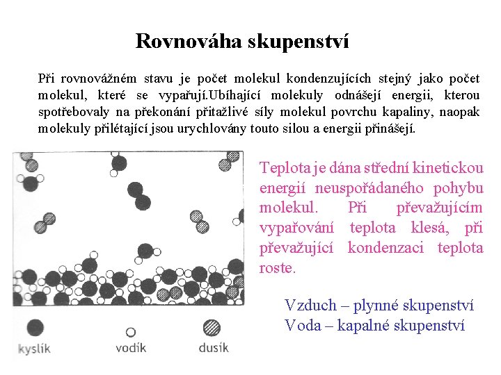 Rovnováha skupenství Při rovnovážném stavu je počet molekul kondenzujících stejný jako počet molekul, které