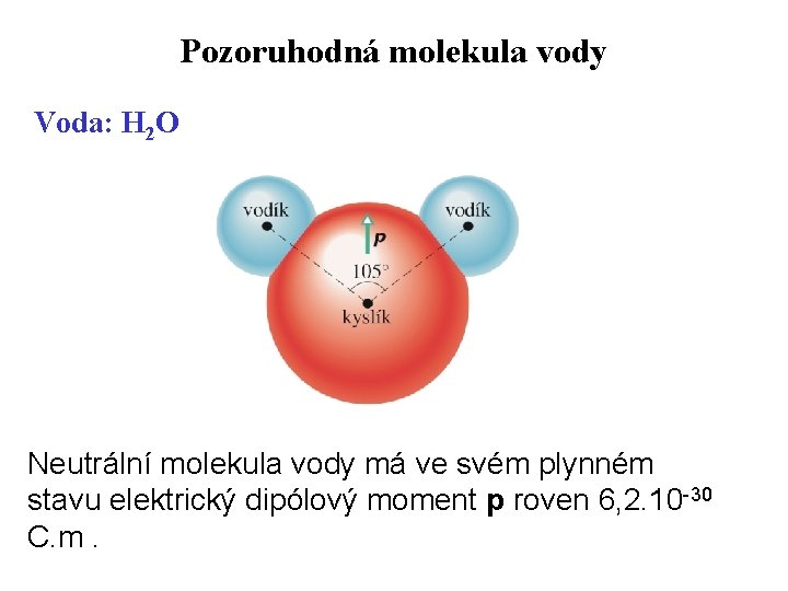 Pozoruhodná molekula vody Voda: H 2 O Neutrální molekula vody má ve svém plynném