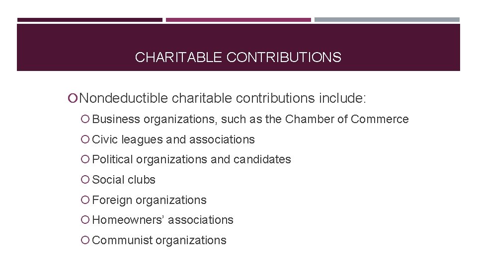 CHARITABLE CONTRIBUTIONS Nondeductible charitable contributions include: Business organizations, such as the Chamber of Commerce