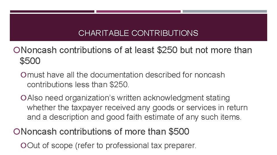 CHARITABLE CONTRIBUTIONS Noncash contributions of at least $250 but not more than $500 must