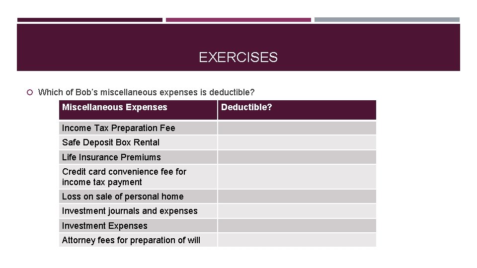 EXERCISES Which of Bob’s miscellaneous expenses is deductible? Miscellaneous Expenses Income Tax Preparation Fee