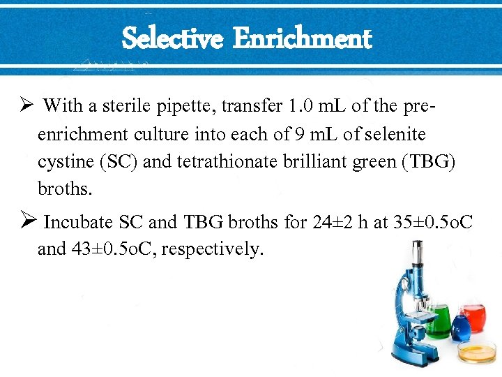 Selective Enrichment Ø With a sterile pipette, transfer 1. 0 m. L of the