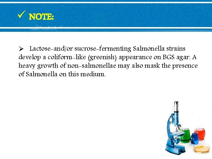 ü NOTE: Ø Lactose-and/or sucrose-fermenting Salmonella strains develop a coliform-like (greenish) appearance on BGS