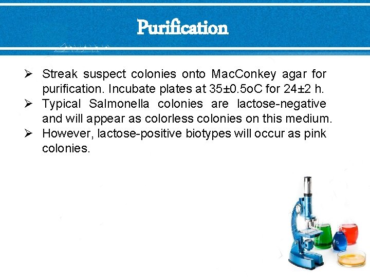 Purification Ø Streak suspect colonies onto Mac. Conkey agar for purification. Incubate plates at