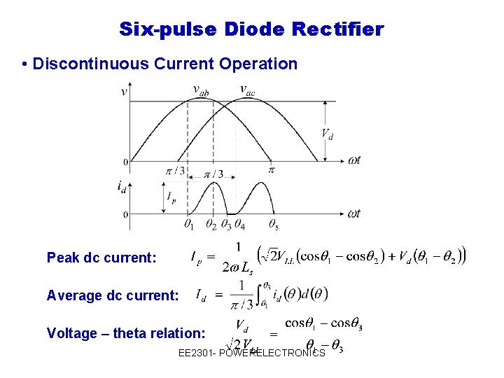 Six-pulse Diode Rectifier • Discontinuous Current Operation Peak dc current: Average dc current: Voltage