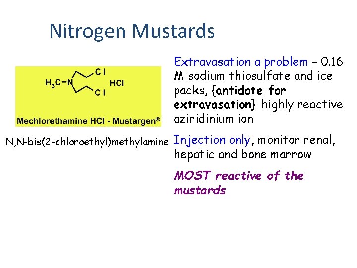 Nitrogen Mustards Extravasation a problem – 0. 16 M sodium thiosulfate and ice packs,