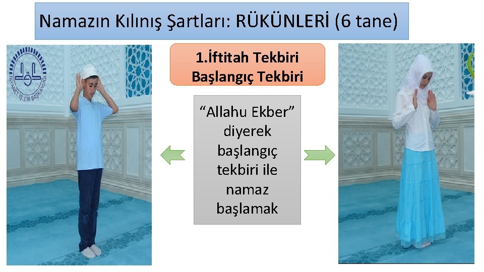 Namazın Kılınış Şartları: RÜKÜNLERİ (6 tane) 1. İftitah Tekbiri Başlangıç Tekbiri “Allahu Ekber” diyerek