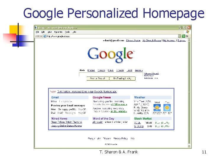 Google Personalized Homepage T. Sharon & A. Frank 11 