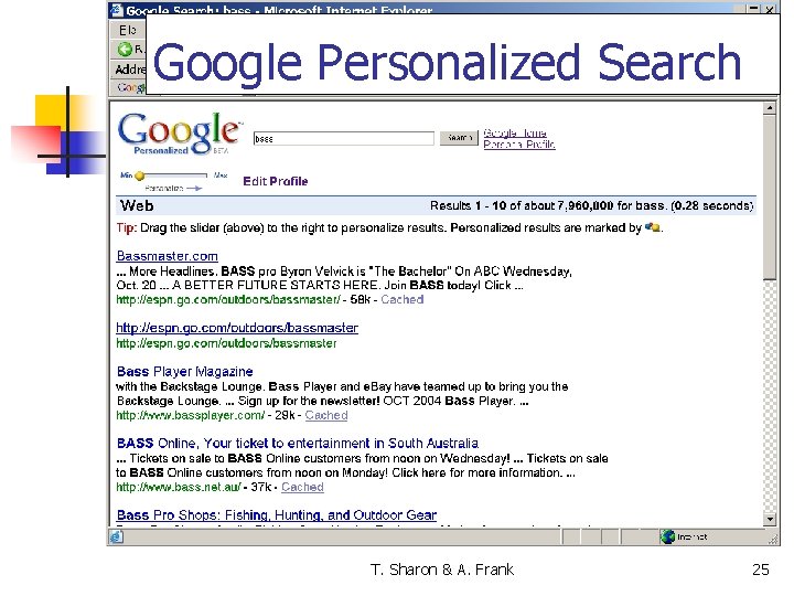 Google Personalized Search T. Sharon & A. Frank 25 