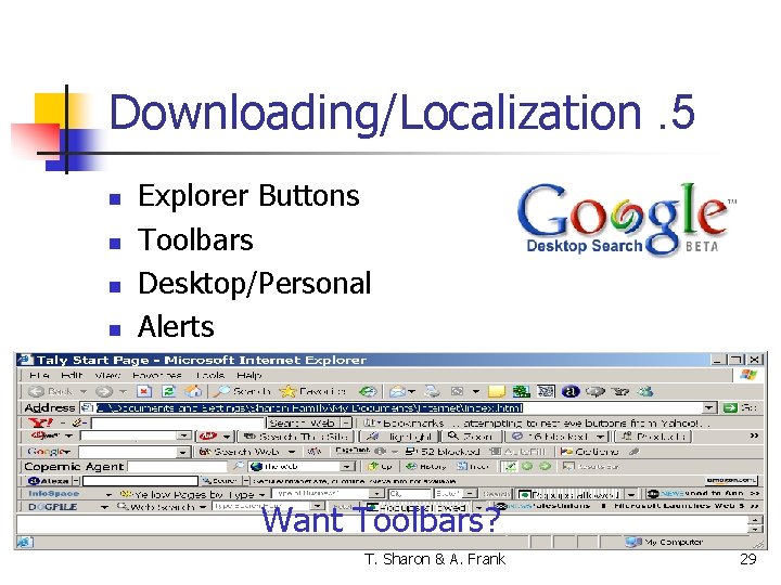 Downloading/Localization. 5 n n Explorer Buttons Toolbars Desktop/Personal Alerts Want Toolbars? T. Sharon &