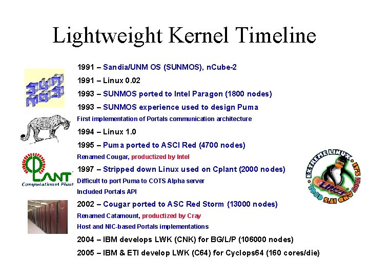 Lightweight Kernel Timeline 1991 – Sandia/UNM OS (SUNMOS), n. Cube-2 1991 – Linux 0.