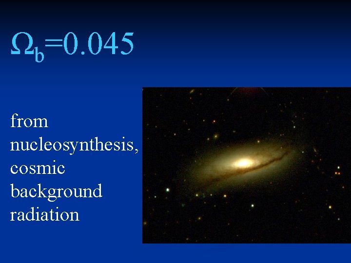 Ωb=0. 045 from nucleosynthesis, cosmic background radiation 