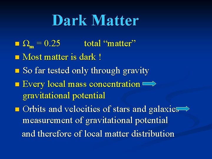Dark Matter Ωm = 0. 25 total “matter” n Most matter is dark !
