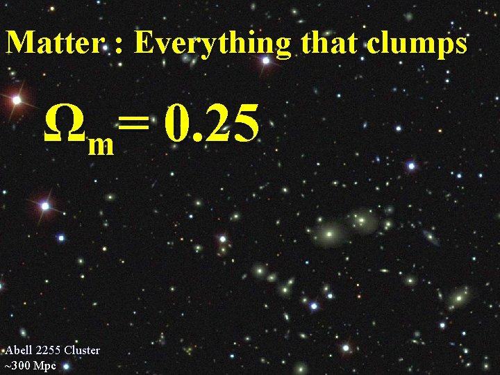 Matter : Everything that clumps Ωm= 0. 25 Abell 2255 Cluster ~300 Mpc 