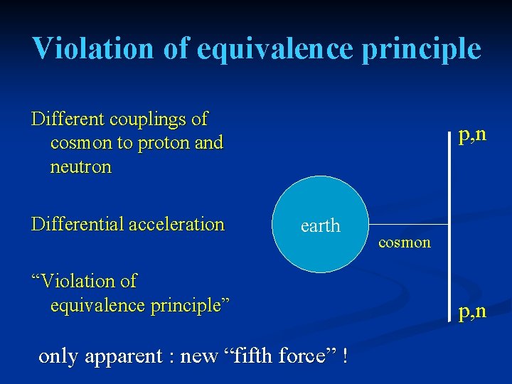 Violation of equivalence principle Different couplings of cosmon to proton and neutron Differential acceleration