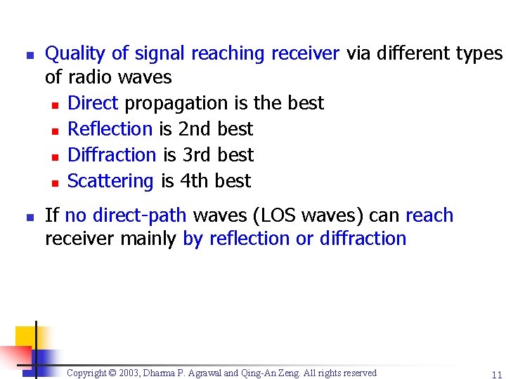 n n Quality of signal reaching receiver via different types of radio waves n