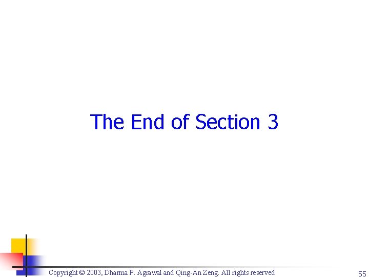 The End of Section 3 Copyright © 2003, Dharma P. Agrawal and Qing-An Zeng.