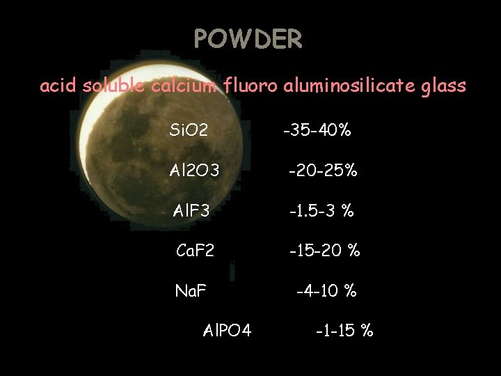 POWDER acid soluble calcium fluoro aluminosilicate glass Si. O 2 -35 -40% Al 2 POWDER acid soluble calcium fluoro aluminosilicate glass Si. O 2 -35 -40% Al 2