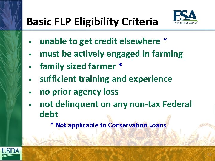 Basic FLP Eligibility Criteria § § § unable to get credit elsewhere * must
