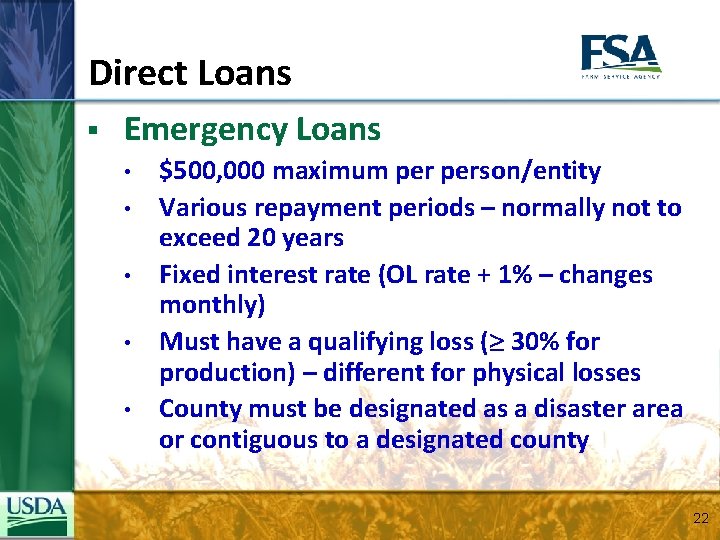 Direct Loans § Emergency Loans • • • $500, 000 maximum person/entity Various repayment