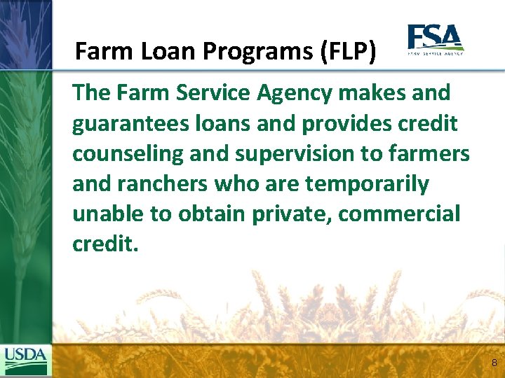 Farm Loan Programs (FLP) The Farm Service Agency makes and guarantees loans and provides