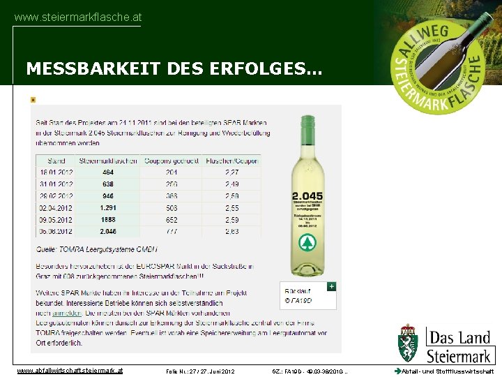 www. steiermarkflasche. at MESSBARKEIT DES ERFOLGES… www. abfallwirtschaft. steiermark. at Folie Nr. : 27