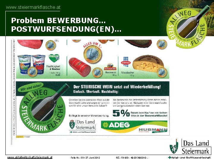 www. steiermarkflasche. at Problem BEWERBUNG… POSTWURFSENDUNG(EN)… www. abfallwirtschaft. steiermark. at Folie Nr. : 33